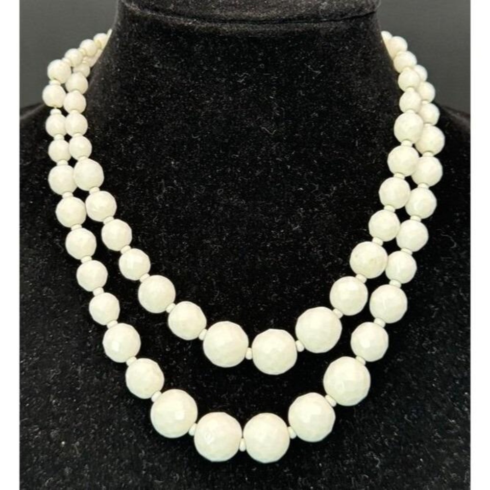 Vintage Hobe Faceted White Glass Graduated Double-Strand Beaded Necklace 18"
